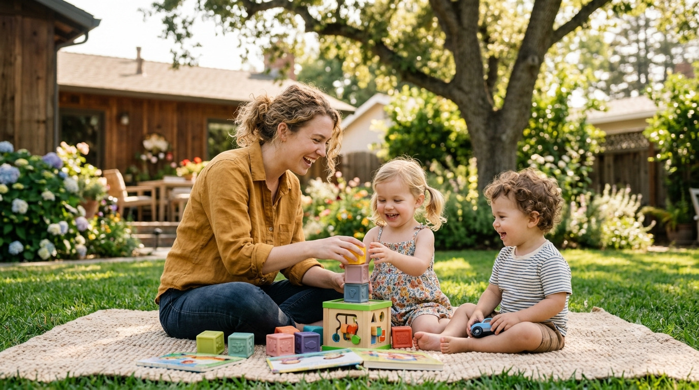 アメリカの家庭で子どもたちと笑顔で過ごす保育者のイメージ